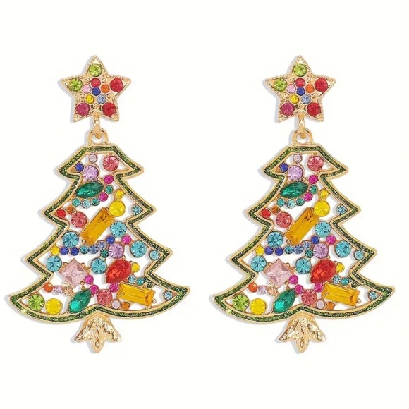 14K Gold Plated Crystal Christmas Tree Earrings - Picture 2 of 3
